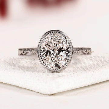 Oval Cut Bezel Moissanite Diamond Engagement Ring with Vintage Engraved Band