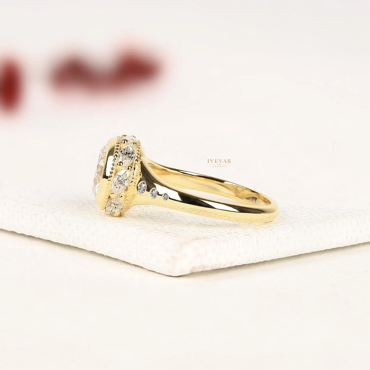 Round Brilliant Moissanite Halo Ring with Side Stones - view 2
