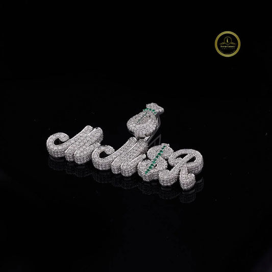 Iced-Out Custom Round MMSR Cursive Name Money Bag Pendant - view 2