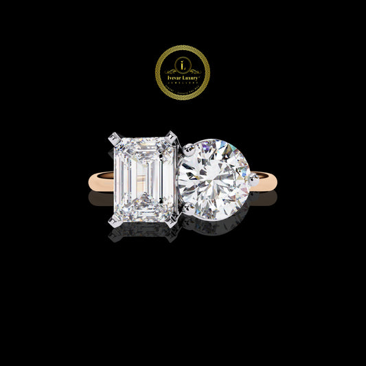 Contemporary Emerald Brilliant Lab Grown Diamond Ring Sleek Gold Wedding Band