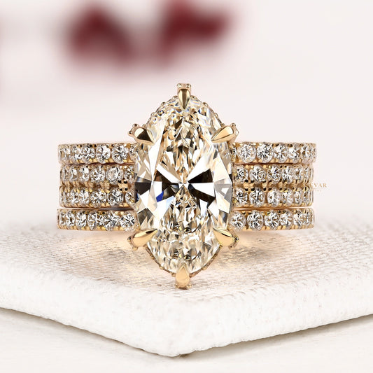 Marquise Cut Moissanite Diamond Bridal Set with Three Pave Full Eternity Band