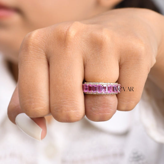 Diamond Embers Pink sapphire emerald cut eternity band ring#Ivevar