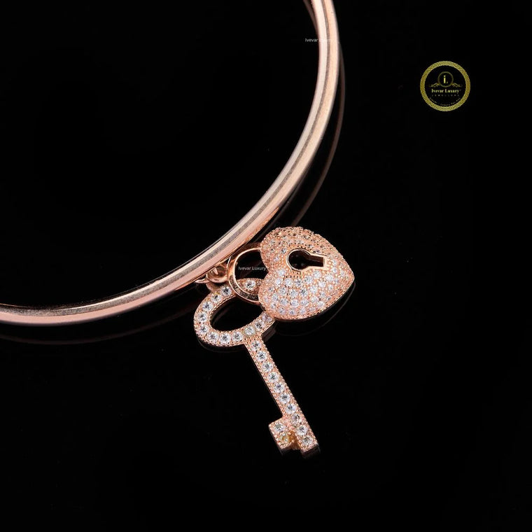Heart Lock & Key Lab Grown Diamond Open Cuff Bangle - view 2
