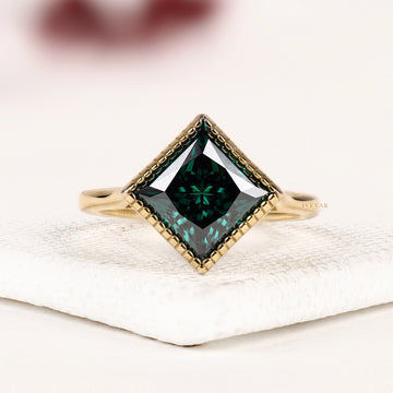 Green Princess Cut Solitaire Lab Grown Diamond Engagement Ring with Migraine Bezel Setting