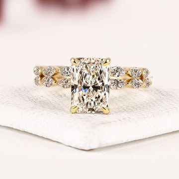 Radiant Cut Solitaire Moissanite Diamond Engagement Ring with Bridal Marquise Diamond Ring Set