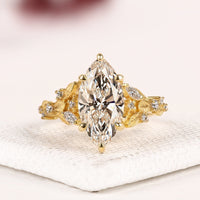Marquise Cut Moissanite Diamond Vintage Floral Engagement Ring with Nature Inspired Band