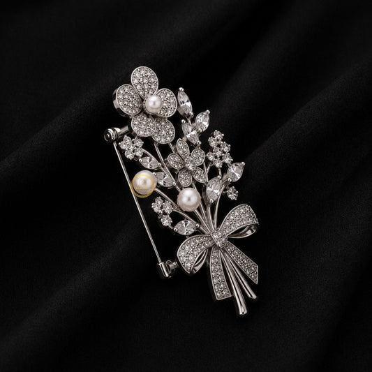 Pearl with Bow Inspire Floral Bouquet Brooch - view 2
