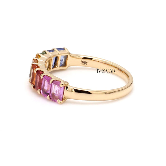 Ivevar Rainbow sapphire octagon cut half eternity band ring in 14k 18k gold | Natural multi sapphire pink sapphire rainbow ring gold pride ring