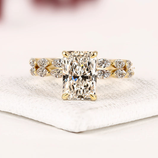 Radiant Cut Solitaire Lab Grown Diamond Engagement Ring with Bridal Marquise Diamond Ring Set