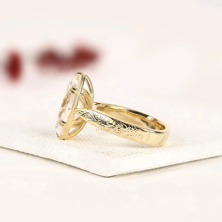 Vintage Oval Cut Moissanite Solitaire Ring with Engraved Band - view 2
