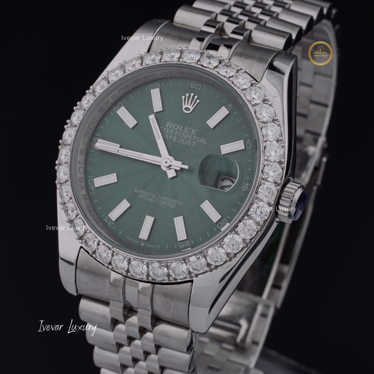 Green Classic Date Dial Diamond Watch Stainless Steel Band Lab Grown Diamond Perfect Birthday Gift for Her New Age Fction Day