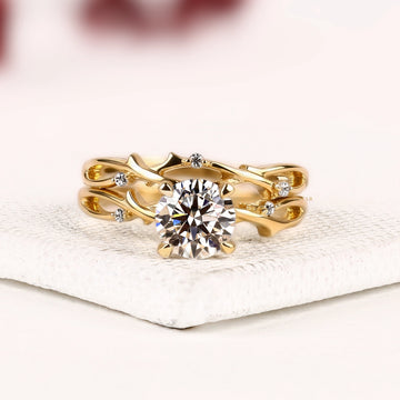 Round Cut Lab Grown Diamond Bridal Ring Set with Nature-Inspired Leaf Vine Band