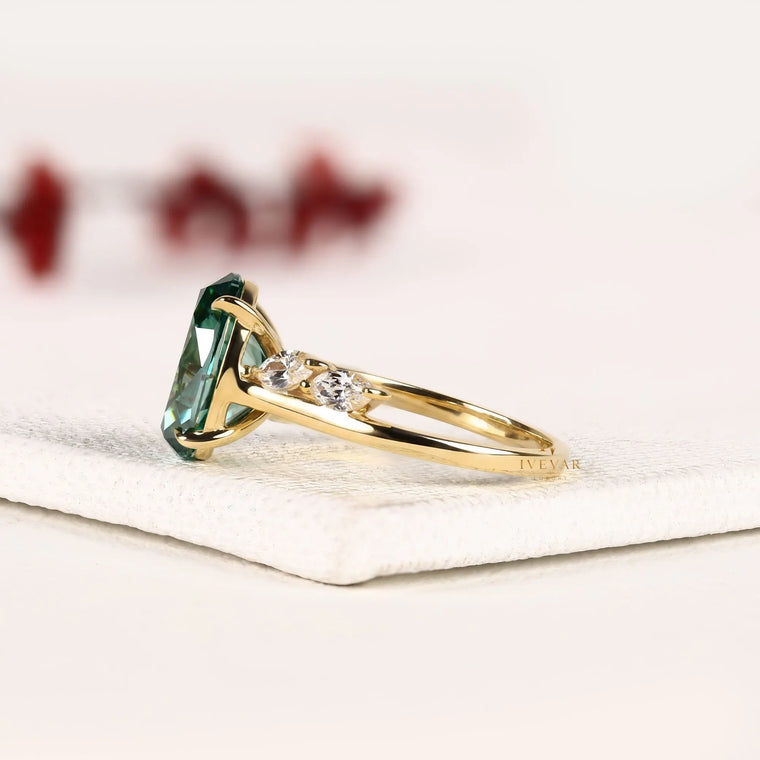 Oval Green Sapphire Five Stone Moissanite Engagement Ring - view 2