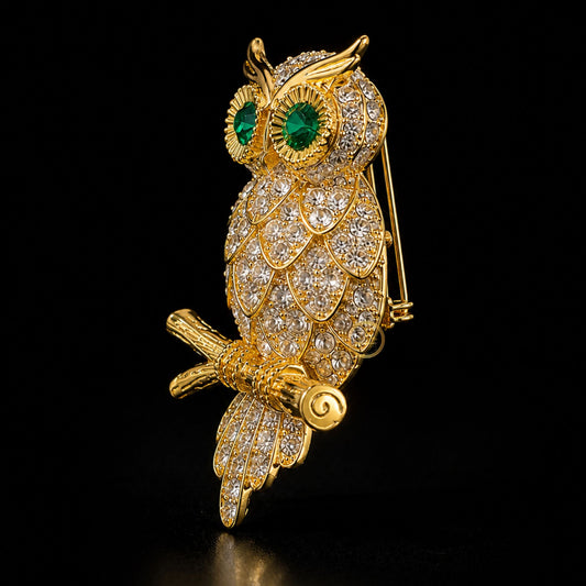 "Owl" Brooch with Green Eyes & Crystal Accents Bird Pin - view 2