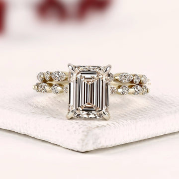 Hidden Halo Emerald Cut Moissanite Diamond Bridal Set with Pave Band