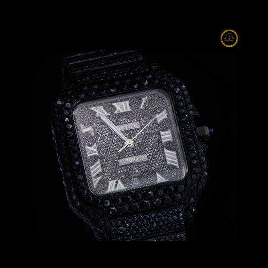 All Black Iced Luxury Watch – Roman Numeral Dial & Full Diamond Setting