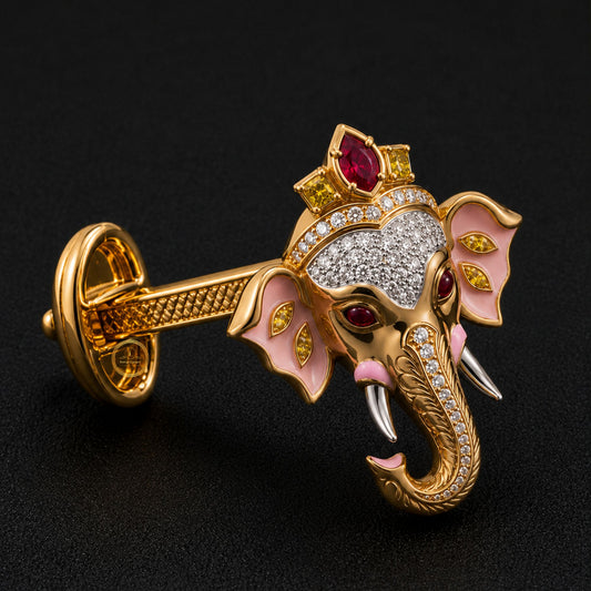 Lord Ganesha Crown Brooch Pin with Pink Enamel & Stones Cufflink - view 3