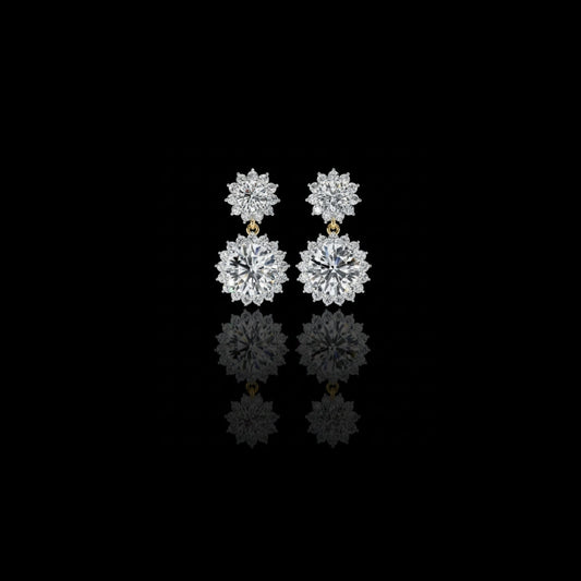 2.80 TCW Sunburst Floral Halo Round Brilliant Moissanite Diamond Drop Earring