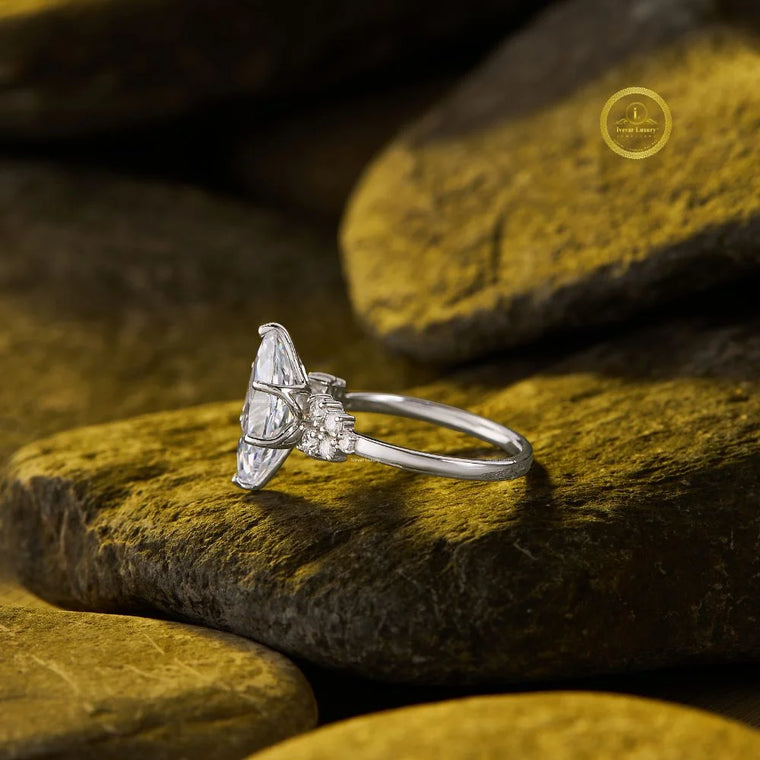 Marquise Cut Moissanite Engagement Ring With Pave Band - view 3