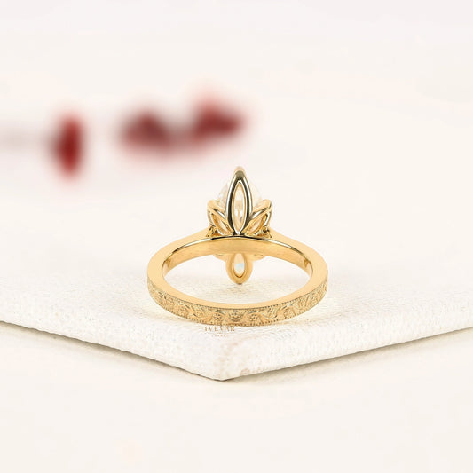 Marquise Cut Moissanite Ring with Engraved Gold Band - view 3