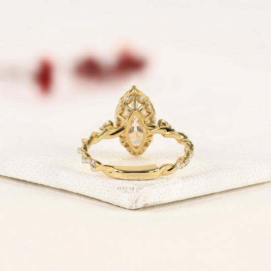 Marquise Cut Halo Moissanite Ring with Twisted Pave Band - view 3