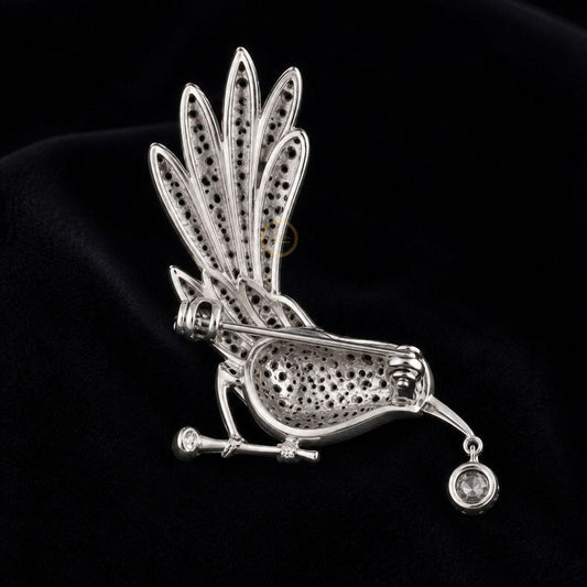 Diamond Bird Brooch with Dangling Stone Nature-Inspired Jewelry - view 3