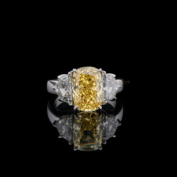 3.50 CT Luxury Fancy Yellow Cushion Lab Grown Diamond Ring with Trapezoid Side Stones Sterling Silver Three-Stone Ring By Ivevar
