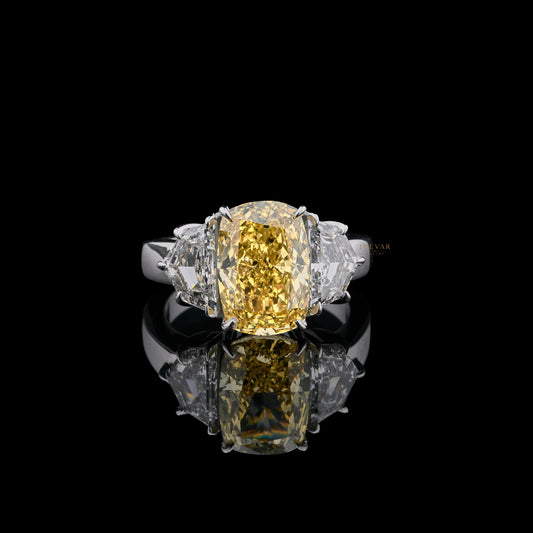 Fancy Yellow Cushion Cut Three Stone Lab Grown Ring