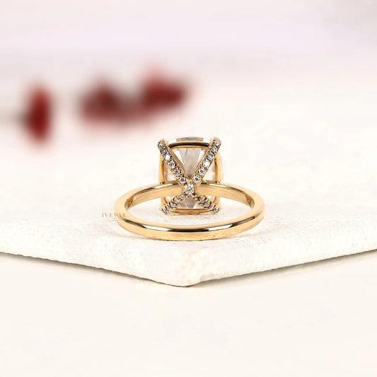 Cushion Cut Moissanite Diamond Solitaire Hidden Halo Ring