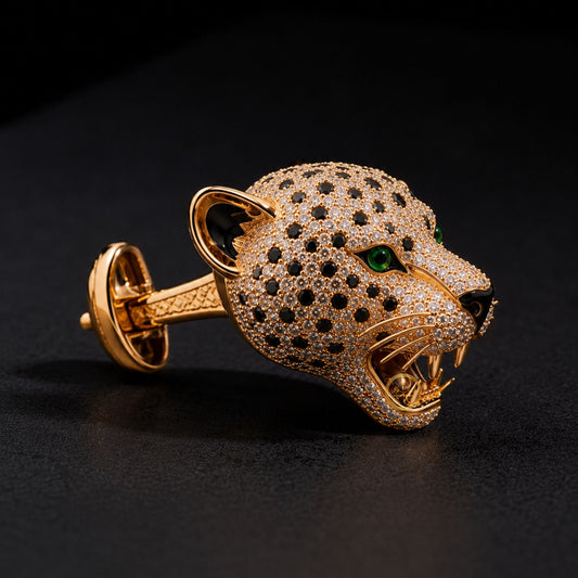Luxury Leopard Head Cufflinks with Green Eyes & Pave Stones - view 4