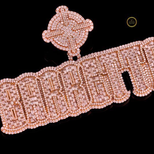 Custom Barrgtta Baguette and Round Lab Diamond Nameplate Pendant - view 4