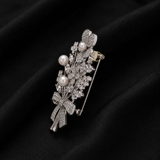 Pearl with Bow Inspire Floral Bouquet Brooch - view 3