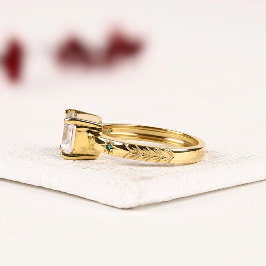 Emerald Cut Lab Diamond Engagement Ring With Celestial Star Engraved Band - view 2