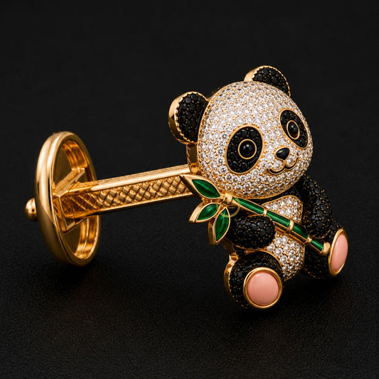 Panda with Bamboo Stone-Studded Cufflink Animal Statement Jewelry - view 4
