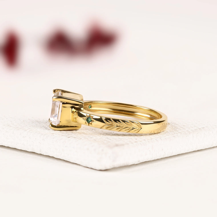 Emerald Cut Moissanite Engagement Ring With Celestial Star Engraved Band - view 2