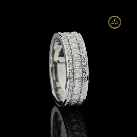 Triple Row Emerald & Round Cut Lab Diamond Eternity Wedding Band - view 3