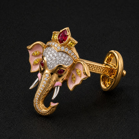Lord Ganesha Crown Brooch Pin with Pink Enamel & Stones Cufflink - view 4