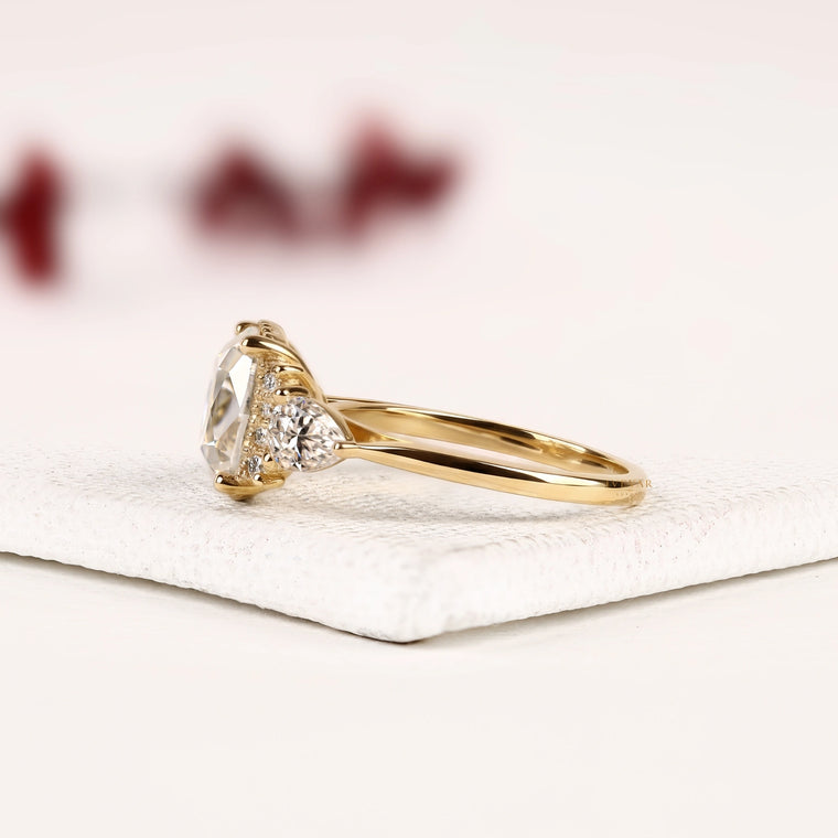 Cushion Cut Three Stone Lab Diamond Engagement Ring with Pear Side Stones - view 2