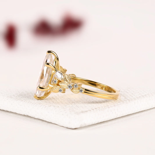 Marquise Cut Moissanite Diamond Vintage Floral Engagement Ring with Nature Inspired Band