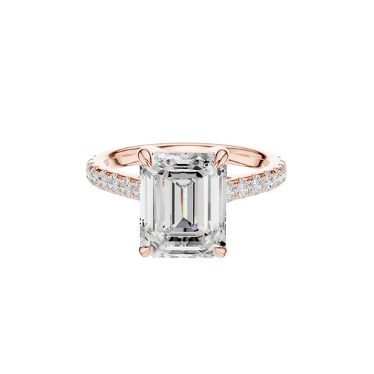1.10 CT Delicate Emerald Cut Solitaire Lab Grown Diamond Ring in Gold with Pave Diamond Band