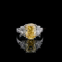 3.50 CT Luxury Fancy Yellow Cushion Moissanite Diamond Ring with Trapezoid Side Stones Sterling Silver Three-Stone Ring By Ivevar