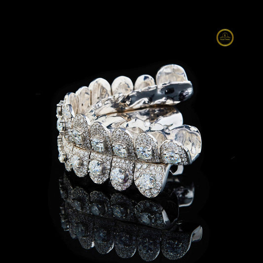 Custom Symmetrical Top and Bottom Dental Caps Featuring Raised Moissanite - view 4