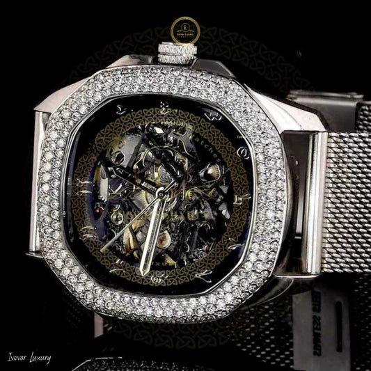 Ivevar Luxury Men's Watch - Hand-Set VVS Moissanite Diamonds on Stainless Steel Band