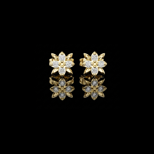 0.14 TCW Leaf Petal Lab Grown Round Cut Diamond Flower Stud Earrings with Cluster Center