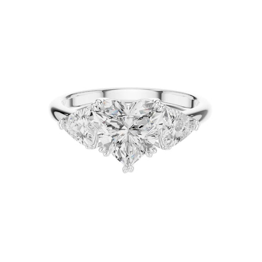 2.00 CT Sparkling Heart Shaped Three Stone Moissanite Diamond Ring with Pear Cut Side Diamonds
