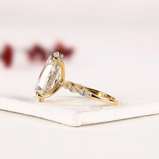 Dutch Marquise Lab Diamond Hidden Halo Ring with Pave Band - view 4