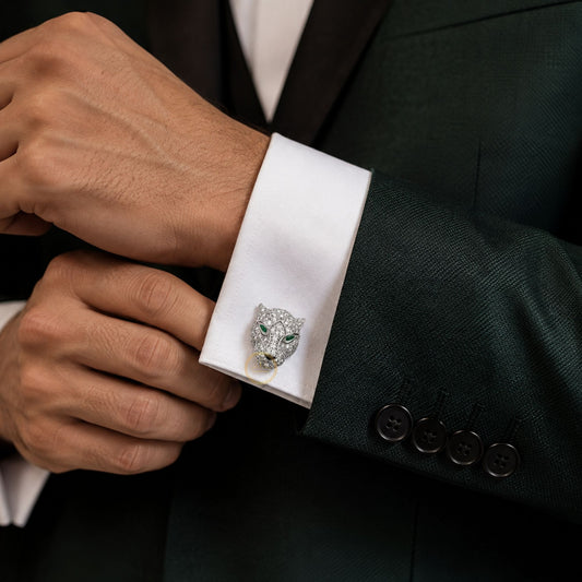 Diamond Panther Head Cufflinks with Emerald Green Eyes - view 4