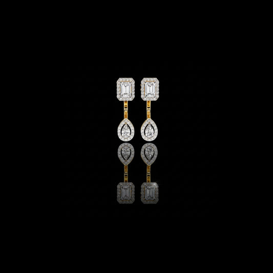 1.11 CT Sophisticated Emerald Halo Top with Pear Halo Drop Moissanite Diamond Earrings in Gold