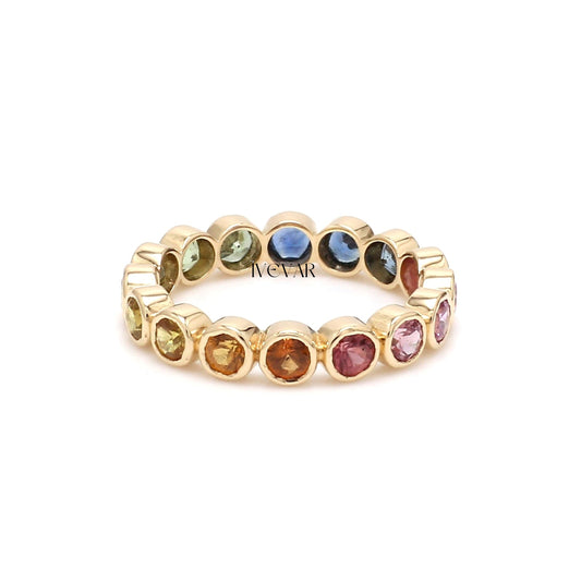 Ivevar Rainbow sapphire bezel set eternity band ring in 14k 18k gold | Natural 3mm 2-3 cts multi sapphire pink sapphire stackable rainbow ring gold