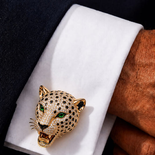 Luxury Leopard Head Cufflinks with Green Eyes & Pave Stones - view 2